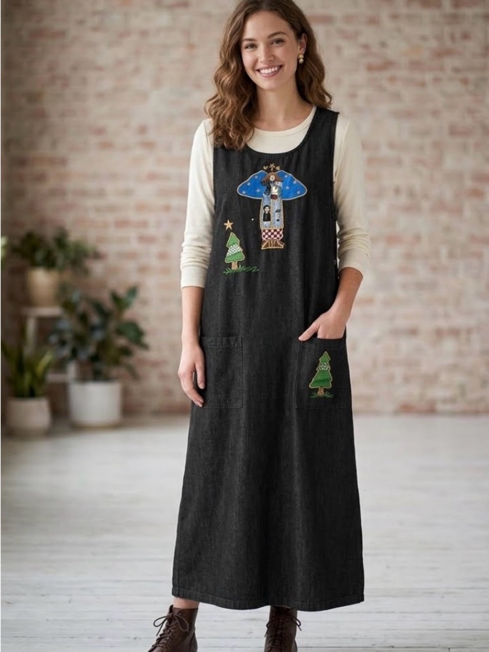 Quacker Factory Black Denim Maxi Jumper Dress 1X Sleeveless Pockets Whimsical‎